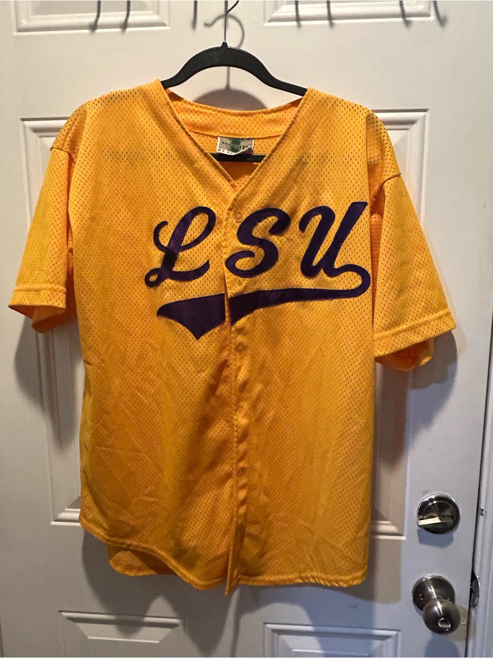 NFINITY Yellow Mesh Baseball Jersey with Purple LSU Script